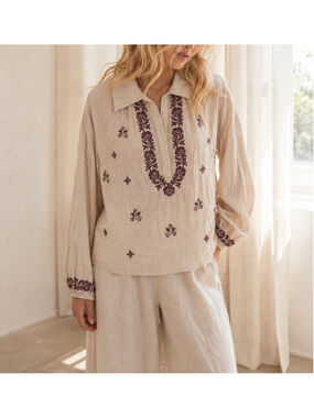 NKN Nekane Embroidered Boho Blouse Cream Purple Floral Tunic Top Size M